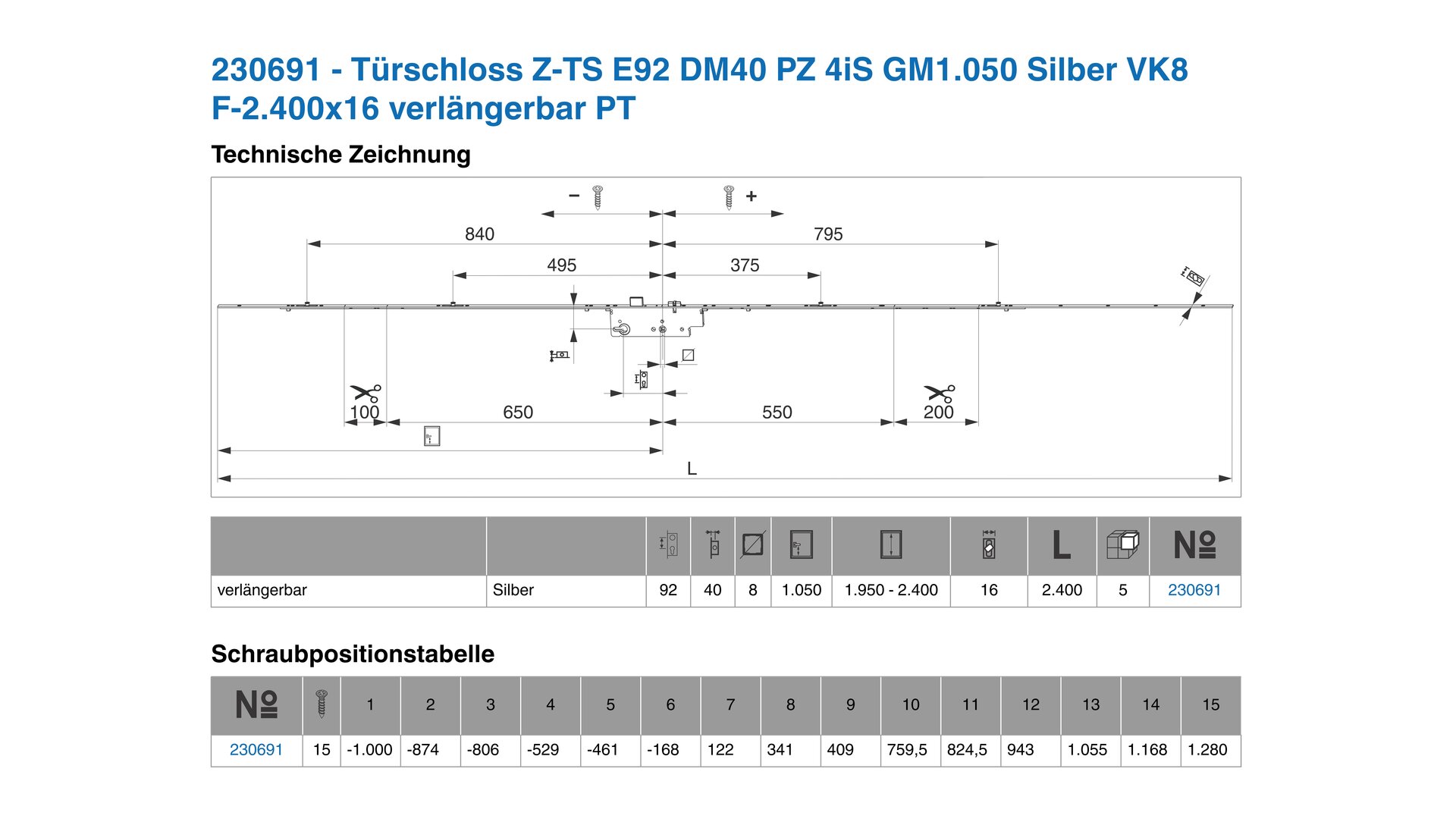 Türschloss Z-TS E92 DM40 PZ 4iS GM1.050 Silber VK8 F-2.400x16 ...
